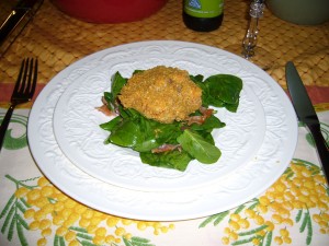 Crab Cakes on bed of wilted spinach